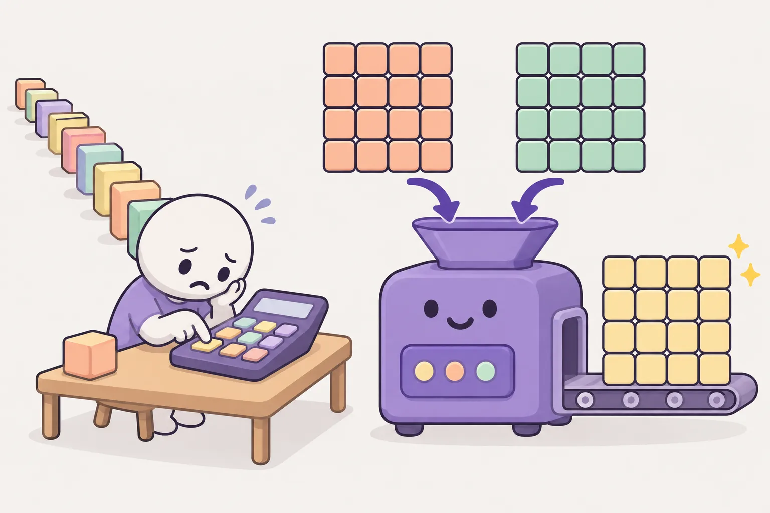 左側では、つかれたキャラクターが電卓を押していて、ひとつずつのブロックが長い列を作って待っています。右側では、機械が大きな色つきのマス目を二つ、一回でかけ算していて、キラキラと結果のマス目があらわれます。
