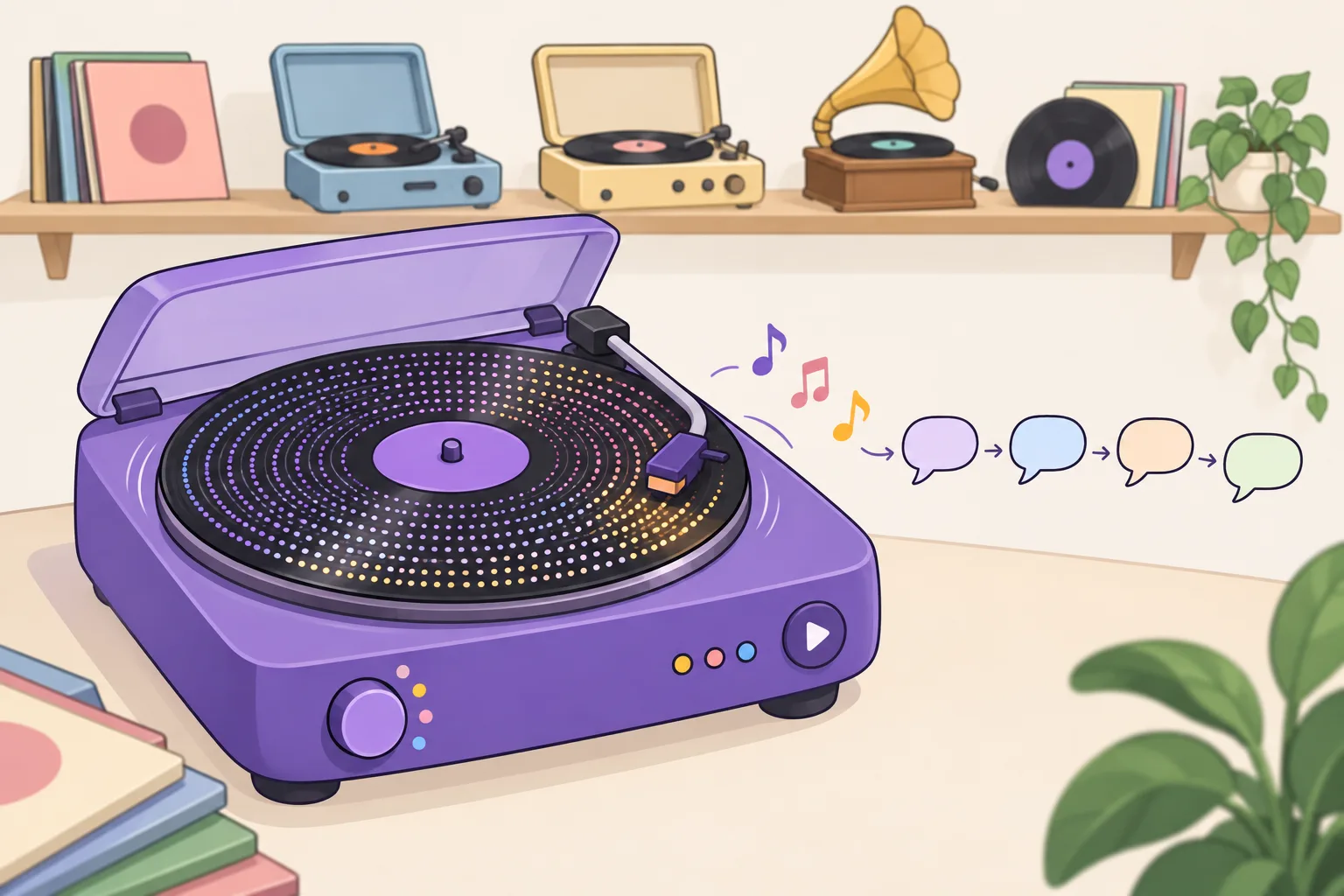 小さな数字でできた円盤のようなレコードが、親しみやすいレコードプレーヤーにのっています。音符が小さな言葉の吹き出しになって次々に出てきます。棚には、形の違うレコード用の、いくつかの違うプレーヤーが並んでいます。