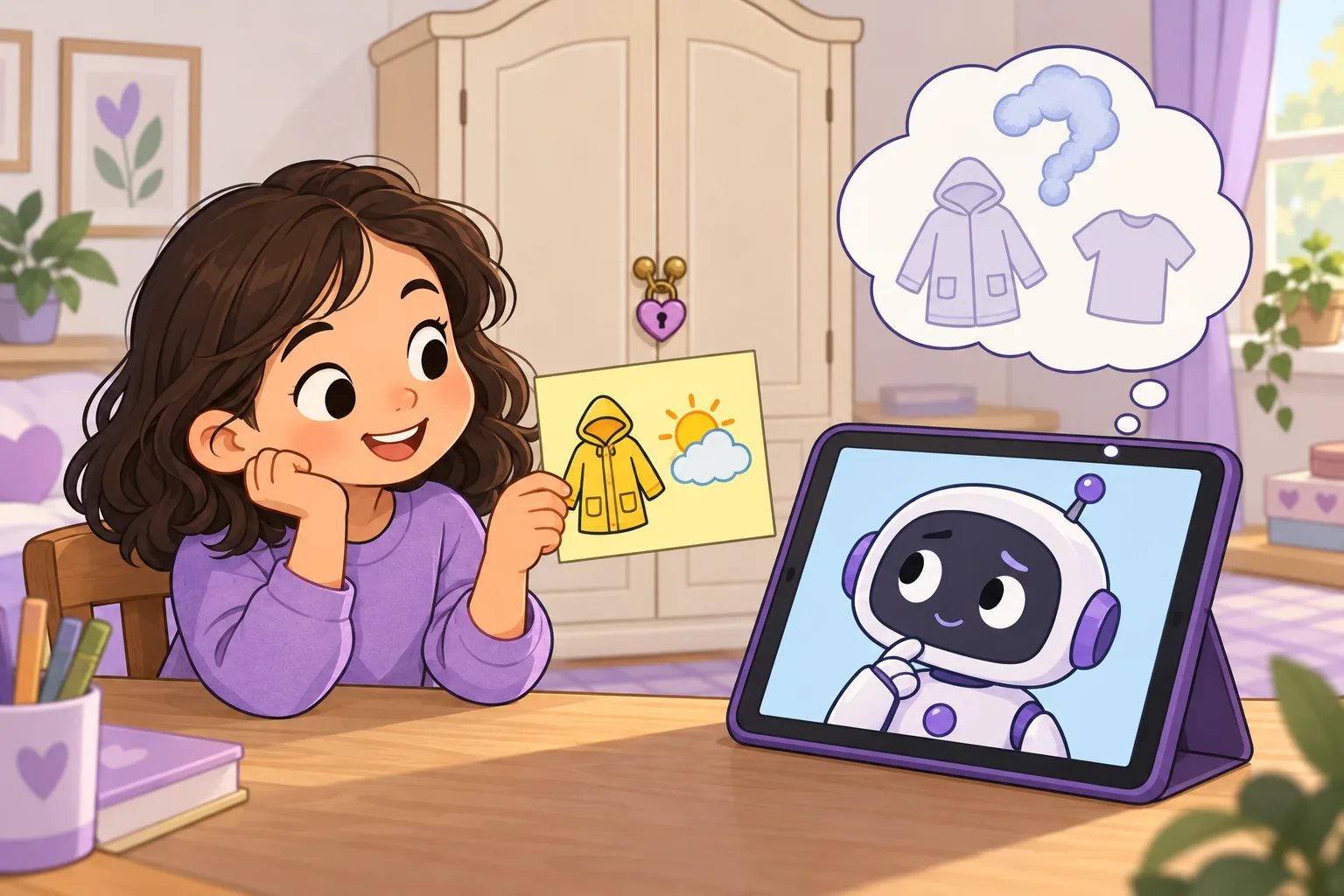 子どもがタブレットの中の、首をかしげたロボットと話している。子どもの後ろのタンスは閉まっていて、ロボットには中が見えない。子どもはレインコートと天気がかかれたメモを見せている。