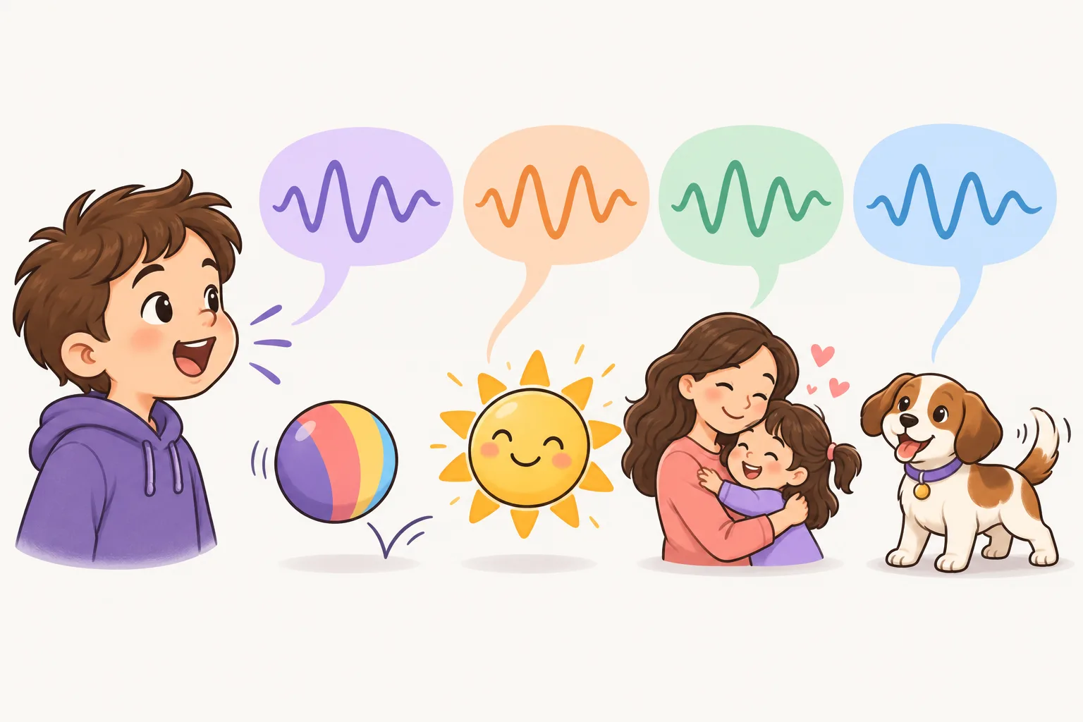 左にいる元気な子どもが、はずむボール、にっこり笑う太陽、子どもを抱きしめるお母さん、小さな犬の4つに向かって話していて、それぞれの上に色のちがう音の波が立ちのぼっている。