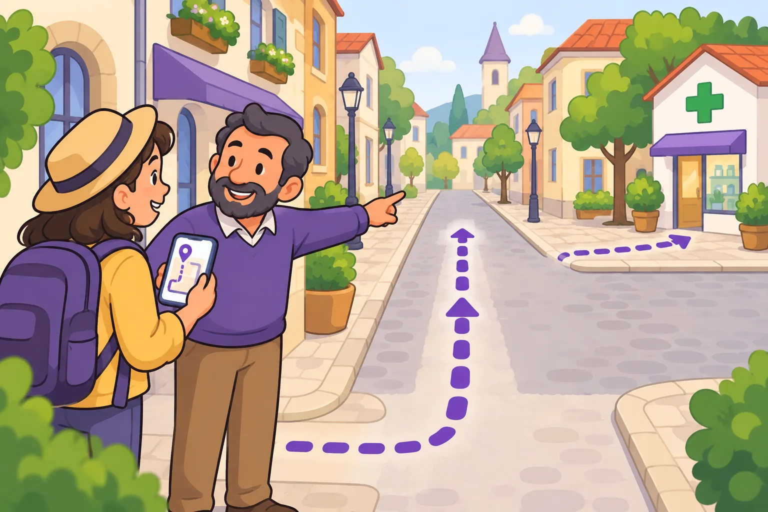 スマホの地図を持った観光客が街角で地元の人にたずねていて、その人はまっすぐ前を指したあと、十字のマークがある建物のほうへ右を指している。