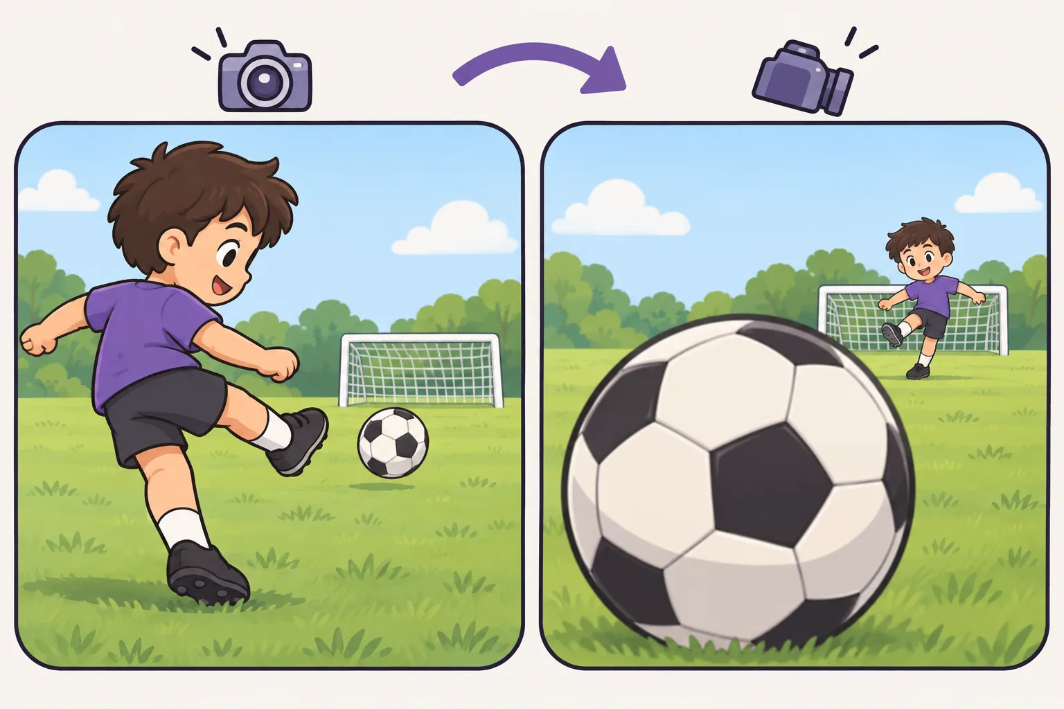 2コマの絵。左では子どもがゴールに向かってボールをけり、右では同じ瞬間をボールの後ろから見ていて、ボールが手前に大きく、子どもが奥に小さく見える。2コマの間には曲がった矢印がある。