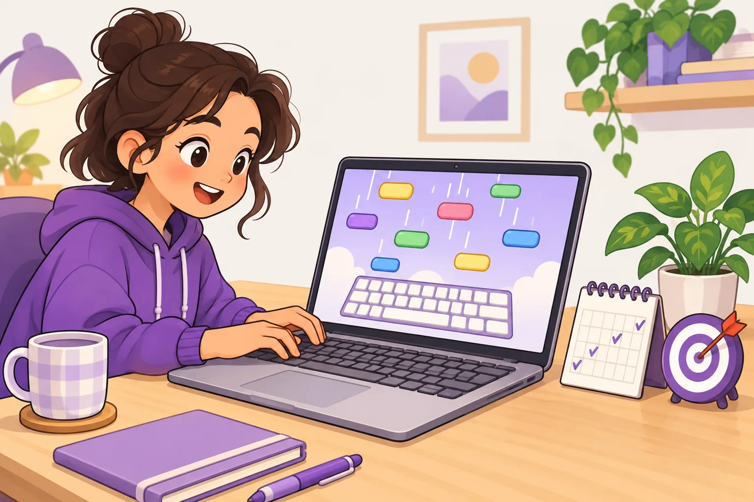 10代の子がノートパソコンでタイピングゲームをしていて、言葉の吹き出しがキーボードに向かって落ちてきます。そばには日付にチェックの入ったカレンダーと、真ん中に矢が刺さった的があります。