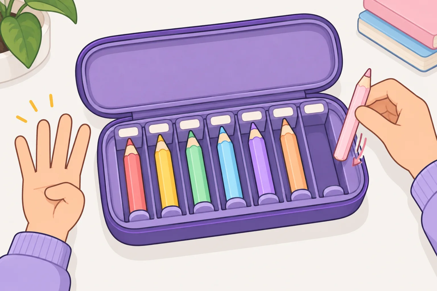 開いた筆箱に色えんぴつが並んでいて、いちばん後ろの空いた場所に新しい色えんぴつがすべりこんでいます。