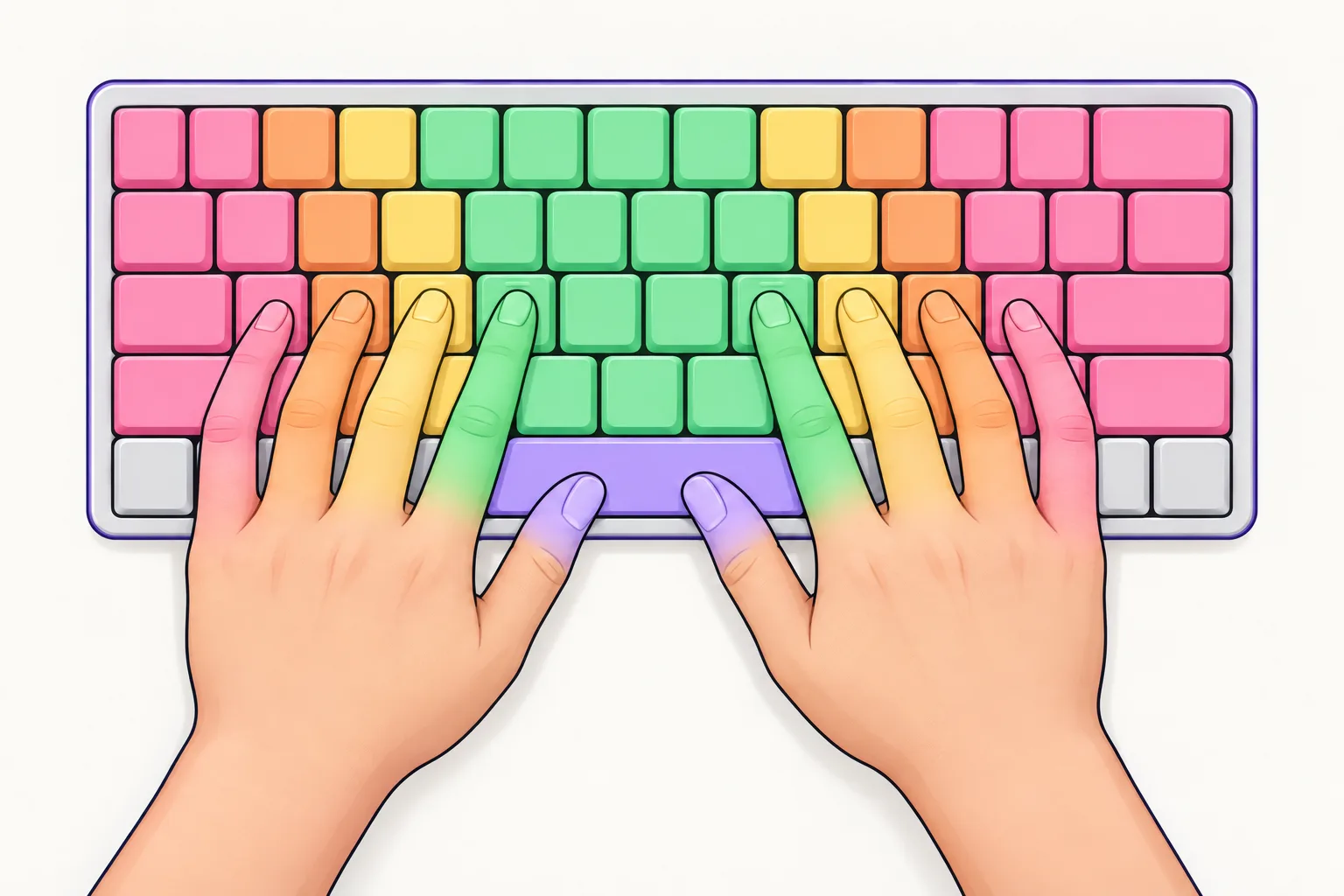 上から見たキーボードに、両手がホームポジションに置かれている。キーの列は指ごとにピンク・オレンジ・黄色・緑に塗られ、親指で押すスペースキーはラベンダー色。