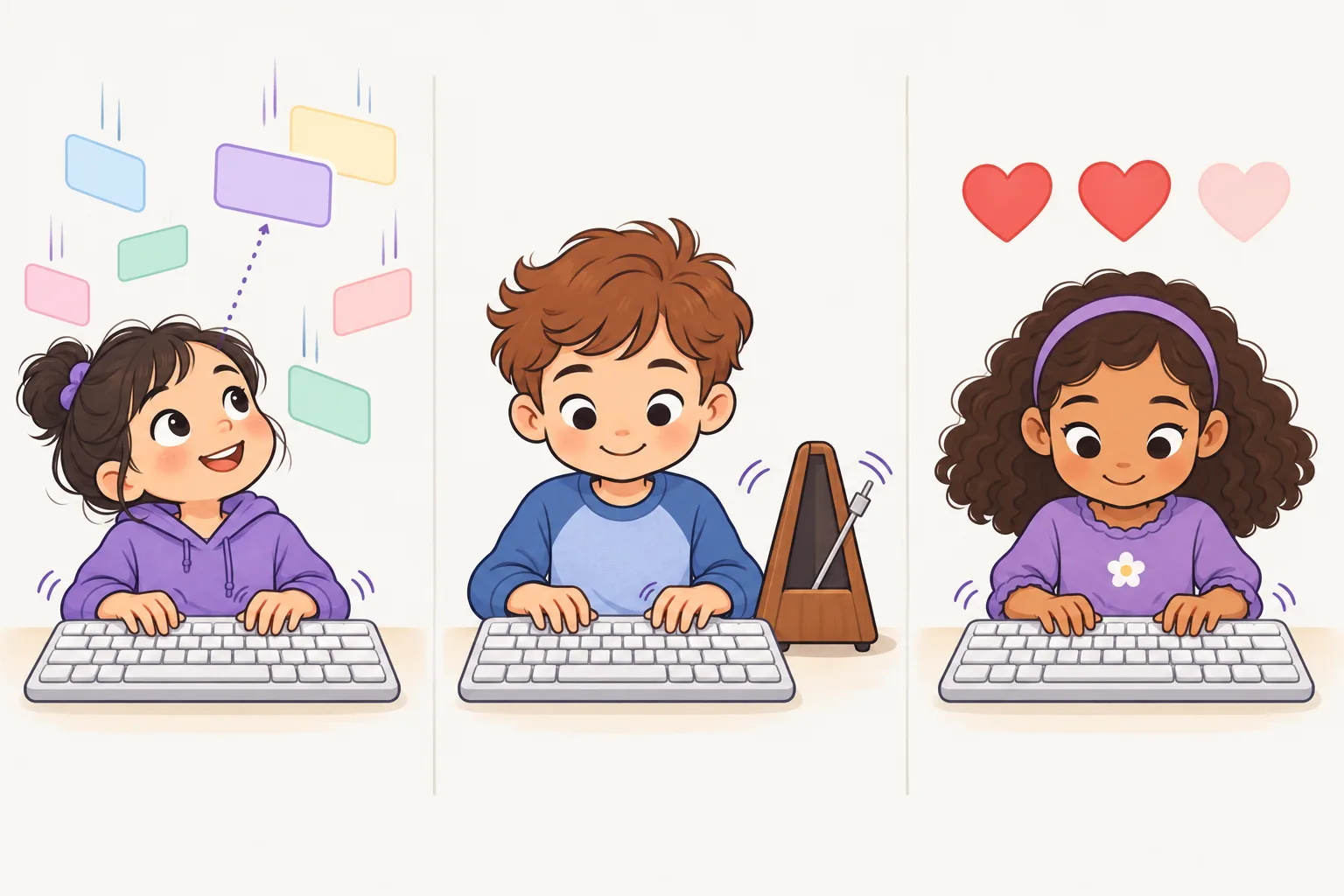 3コマの絵: 指で打ちながら目は次に落ちてくる単語を見ている子ども、メトロノームの一定の拍に合わせて打つ子ども、並んだハートの横でていねいに打つ子ども。